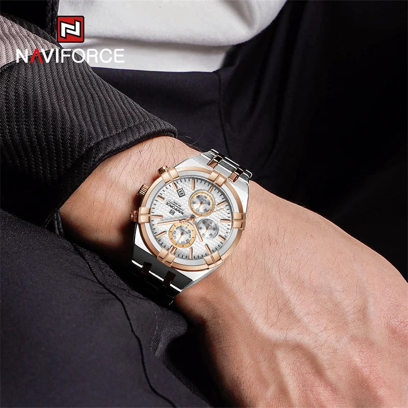 NAVIFORCE New Design Men's Sports Quartz Watch Stainless Steel Strap Waterproof Chronograph Luxury Wristwatch