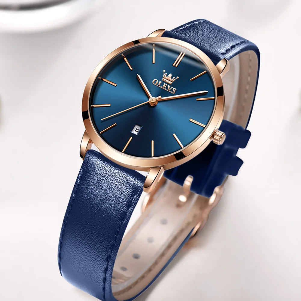 OLEVS Gold Blue Leather Watch