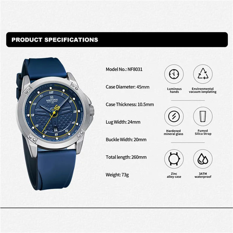 NAVIFORCE Casual Quartz Wristwatch Fashion Waterproof Men's Watches Sport Silicone Strap Male Luminous Clock Relogio Masculino