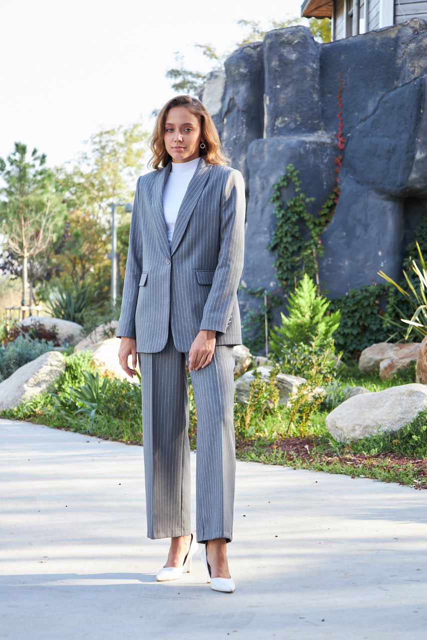 Oversized Women Single Breasted Blazer pant plaid gray suit