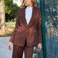 Oversized Women Single Breasted Blazer pant plaid wine red suit