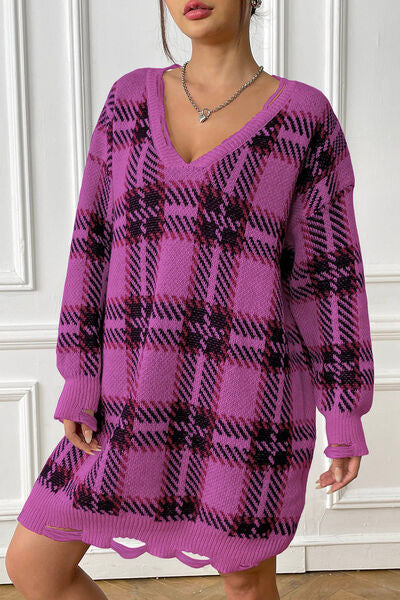 Plaid V-Neck Long Sleeve Sweater Dress