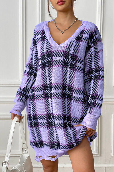 Plaid V-Neck Long Sleeve Sweater Dress