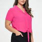 Plus Solid Chiffon Button Down Tie Front Short Sleeve Top