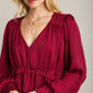 Satin V-neck Ruffle Baby Doll Top With Cuffed Long Sleeve