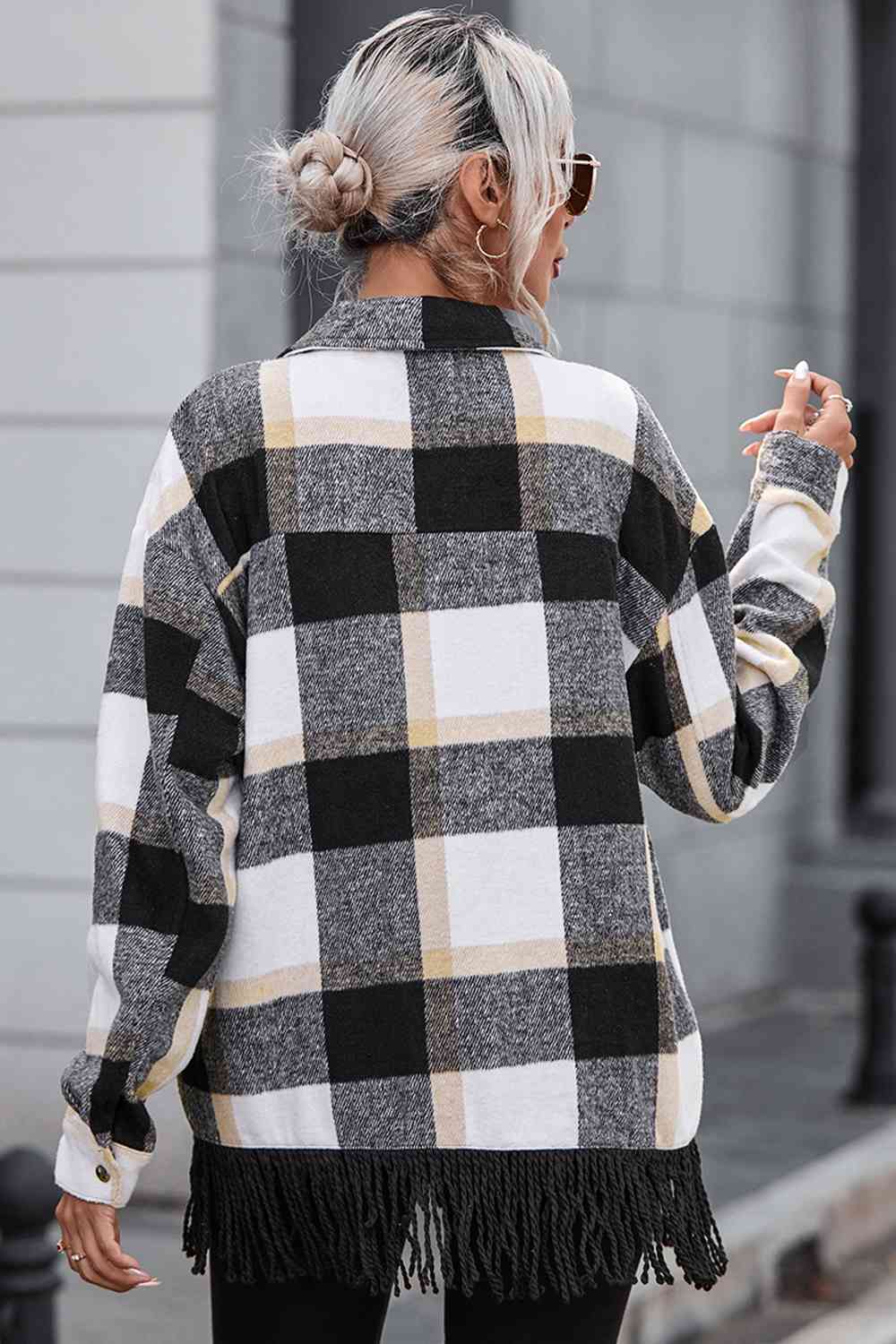 Plaid Collared Neck Snap Front Jacket