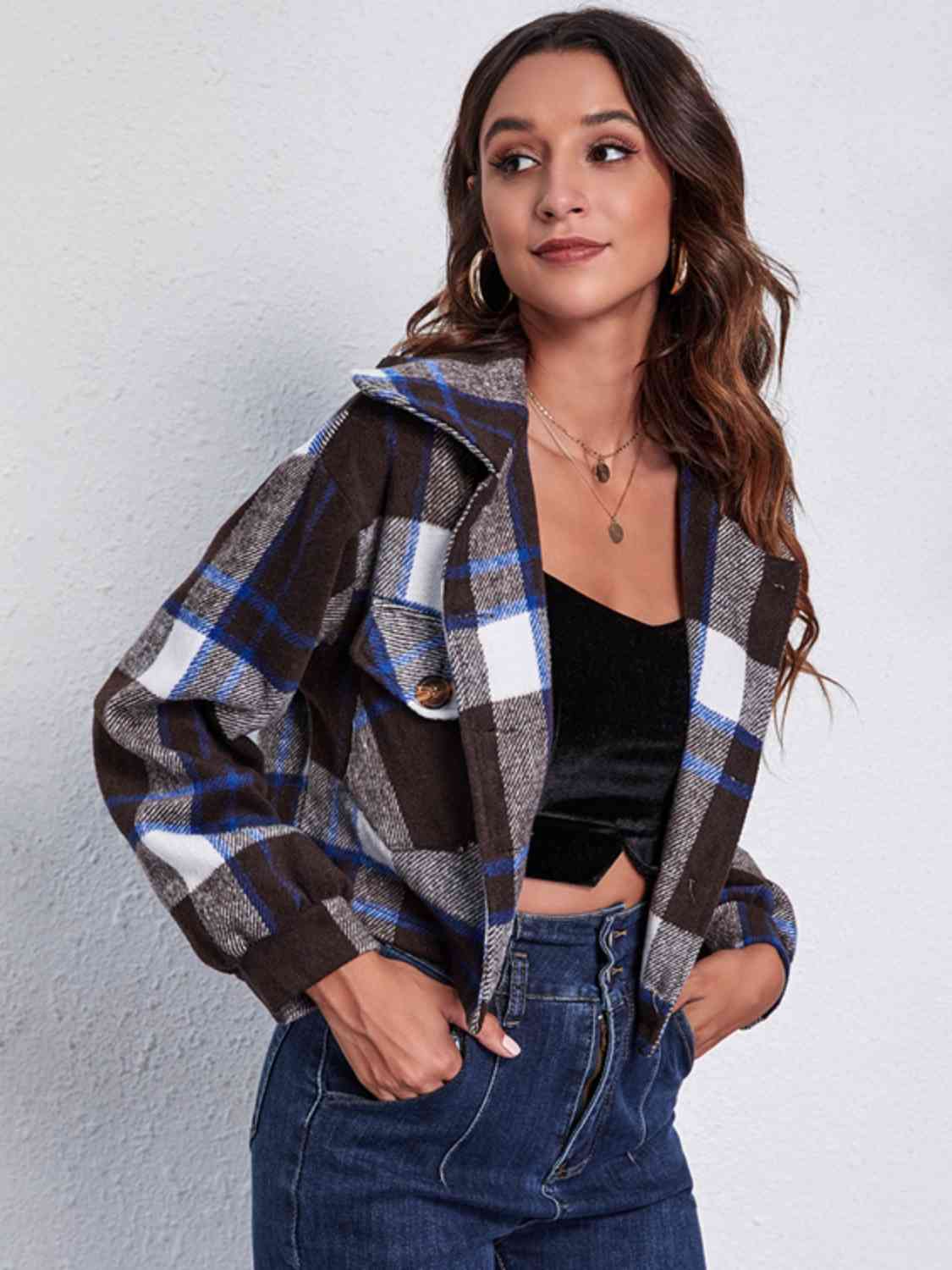 Plaid Button Front Jacket with Pockets