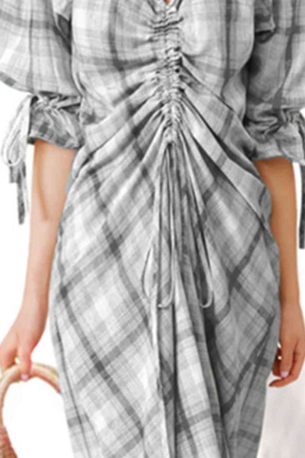 Plus Size Plaid Drawstring Detail Flounce Sleeve Dress